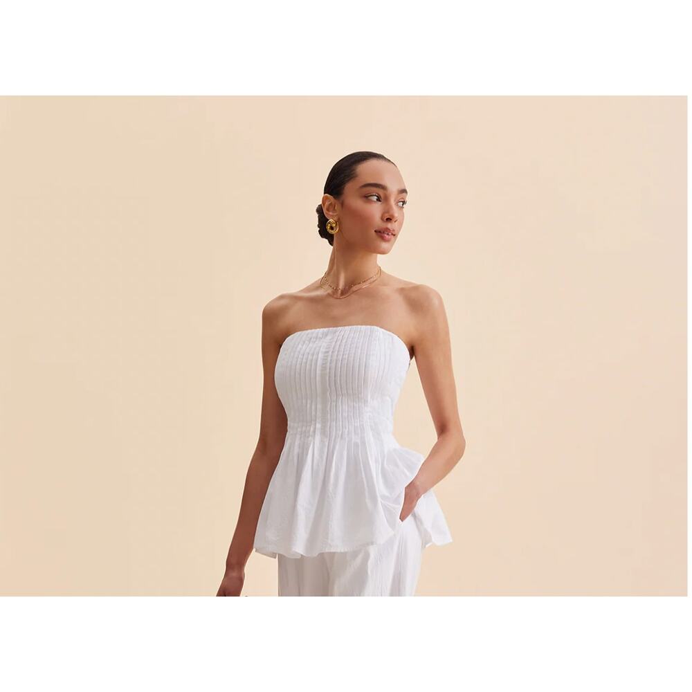 NWT Commense Cotton Pleated Strapless Peplum Top Sz L - Picture 3 of 6